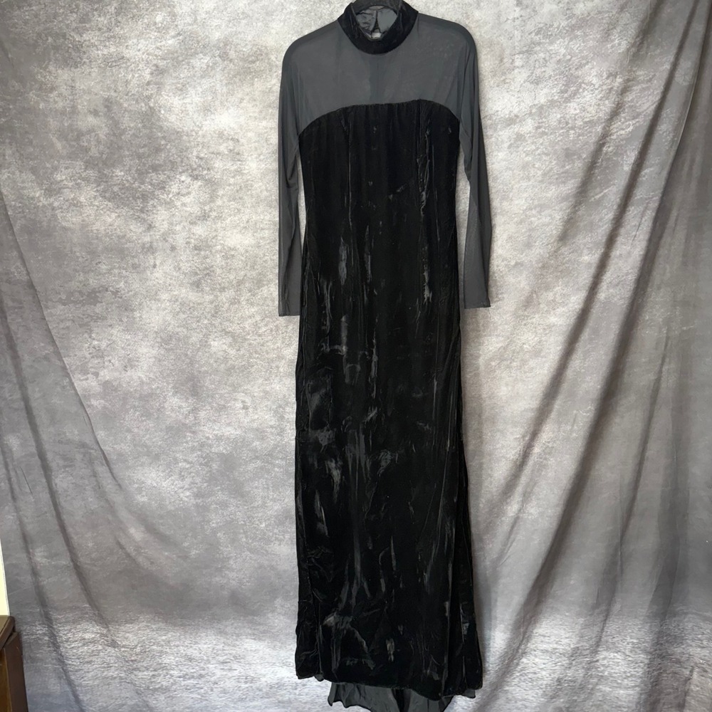 Vintage ILGWU Black Velvet Maxi Dress Gown Size 10 Sheer Illusion Top Whimsigoth